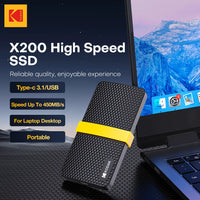 Kodak portable SSD – 256GB–1TB, dual interface.